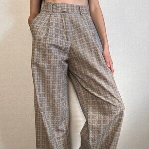 Motel Beige High Waisted Wide-Leg Plaid Pants